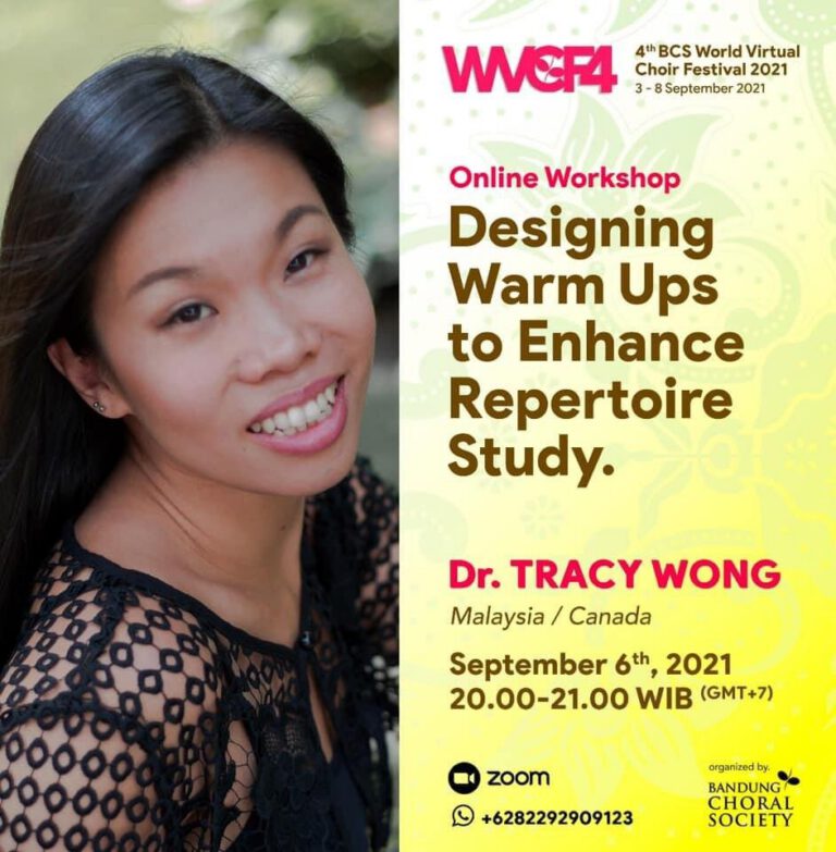 A poster for "Designing Warm Ups to Enhance Repertoire Study." A picture of Tracy Wong is featured on this colorful yellow poster.